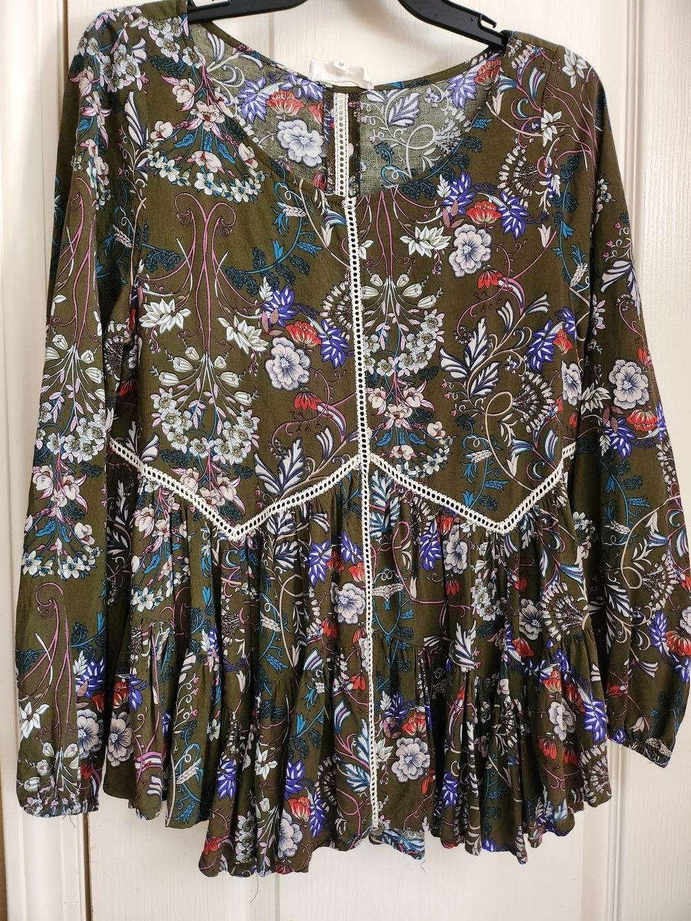 Entro BabydollOlive Floral Long-Sleeve Peasant Blouse Sz Medium